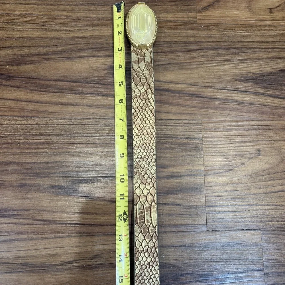 Chico's Snakeskin Pattern Leather Belt Gold Amber Lucite Buckle Adjustable M L